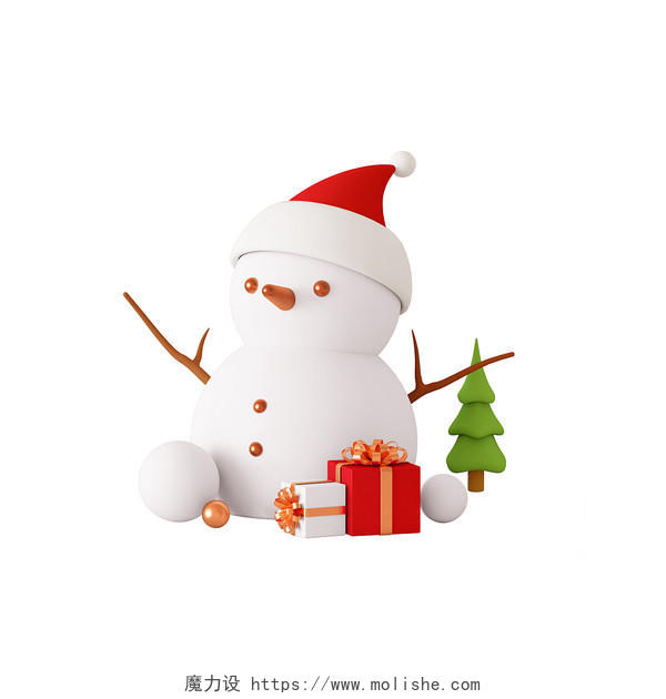 白色卡通3D立体圣诞节圣诞雪人礼盒元素C4D圣诞节礼盒
